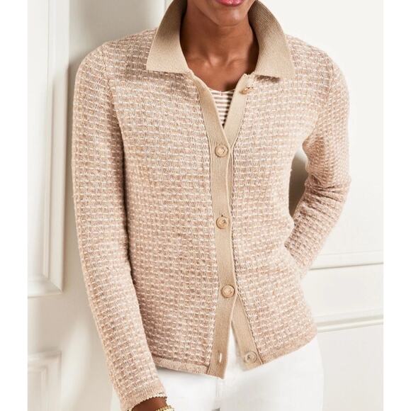 Talbots Sweaters - NEW Talbots Womens XS Polo Cardigan Dash Stripe Beige Tan Button Front Sweater